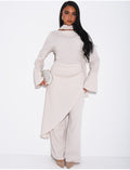 Ensemble effet lin à tunique asymétrique cintré, pantalon droit et châle