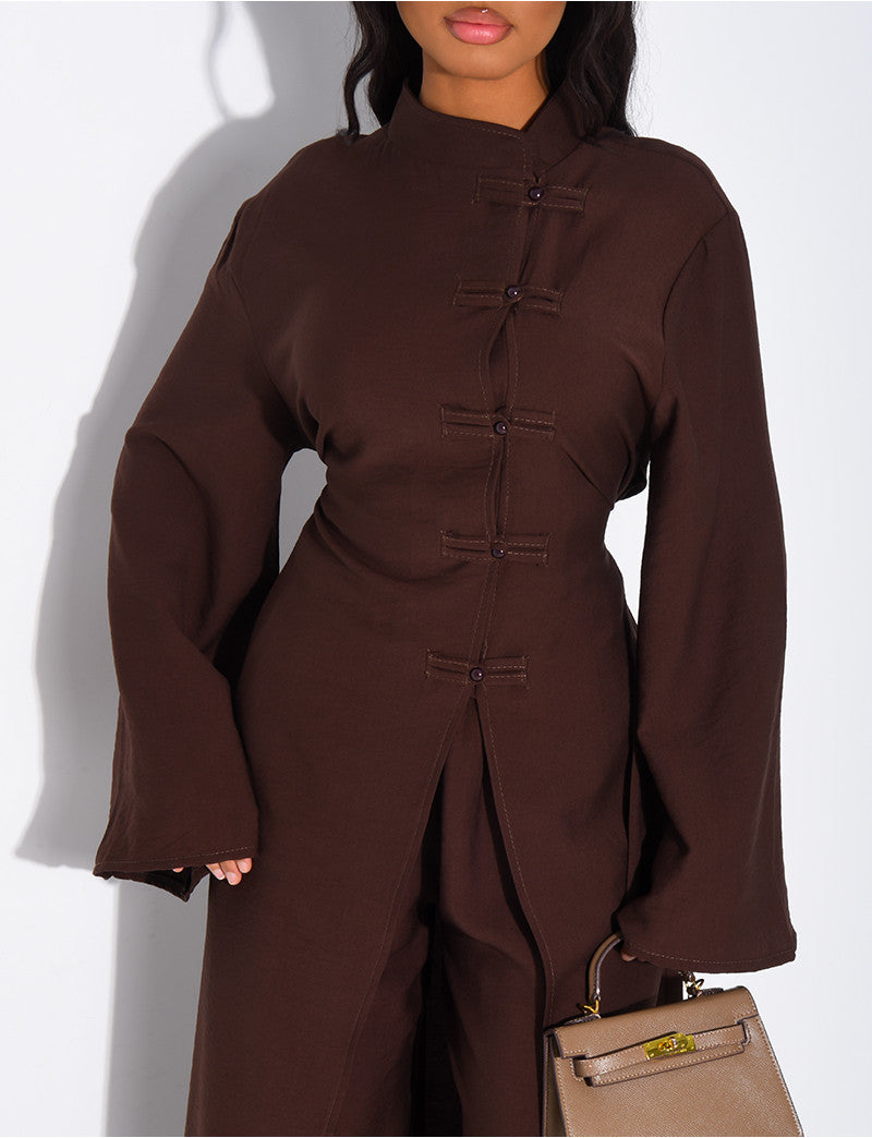 Ensemble effet lin pantalon large et tunique à boutons style asiatique