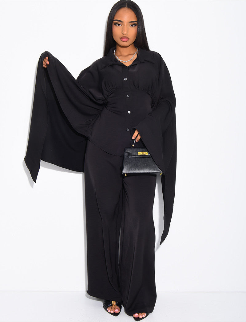 Ensemble en satin pantalon et chemise à nouer dans le dos