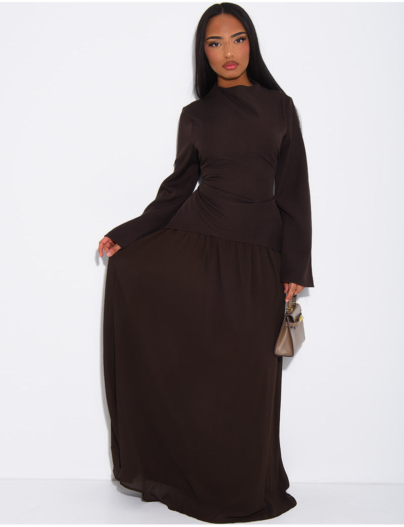Ensemble 2 pièces blouse cintrée et jupe en voile plissée
