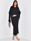 Ensemble jupe longue et pull col v en maille côtelée