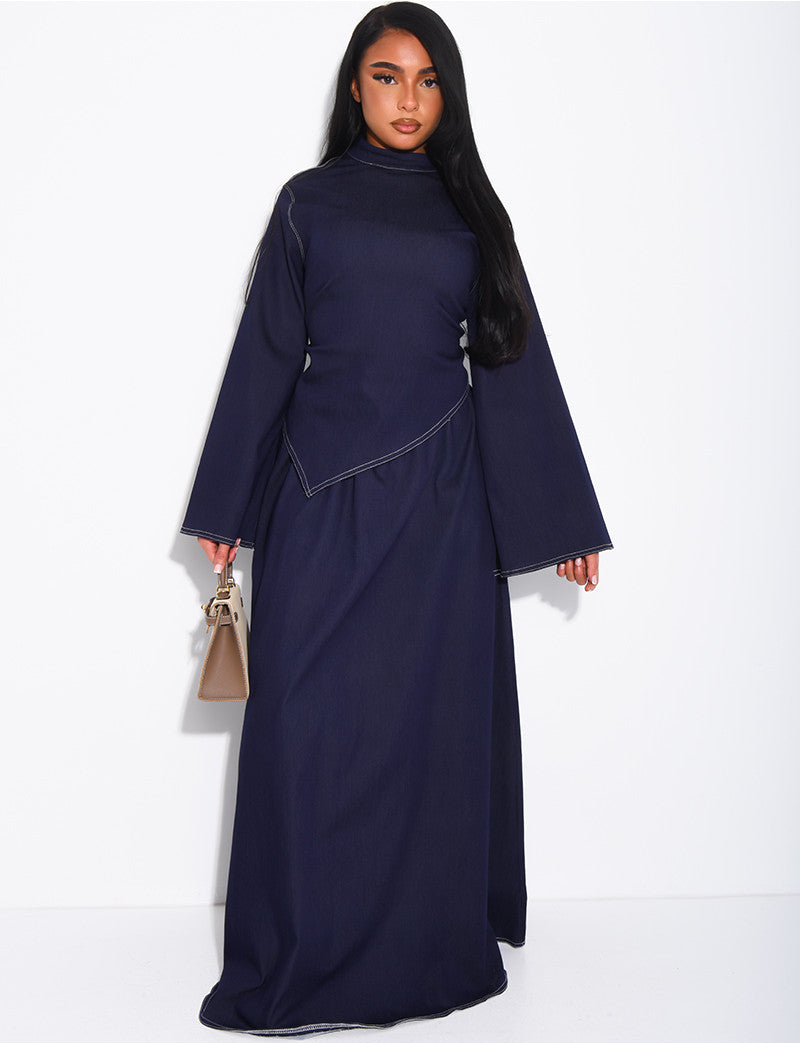 Ensemble en jeans jupe longue et top asymétrique ajusté