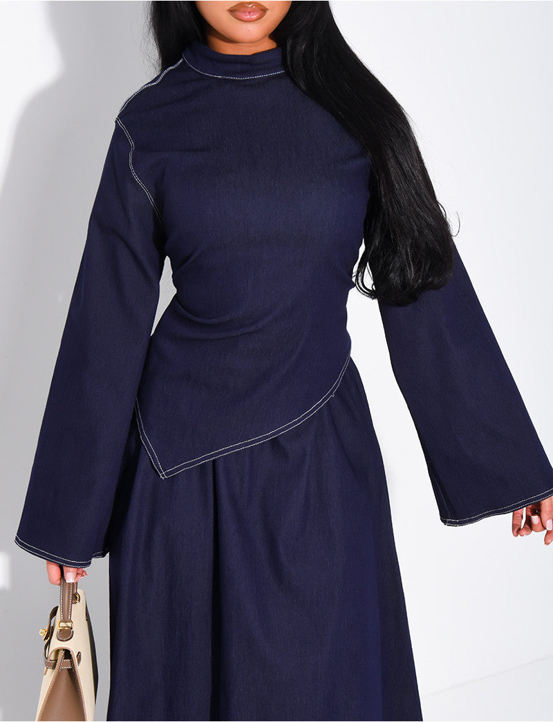 Ensemble en jeans jupe longue et top asymétrique ajusté