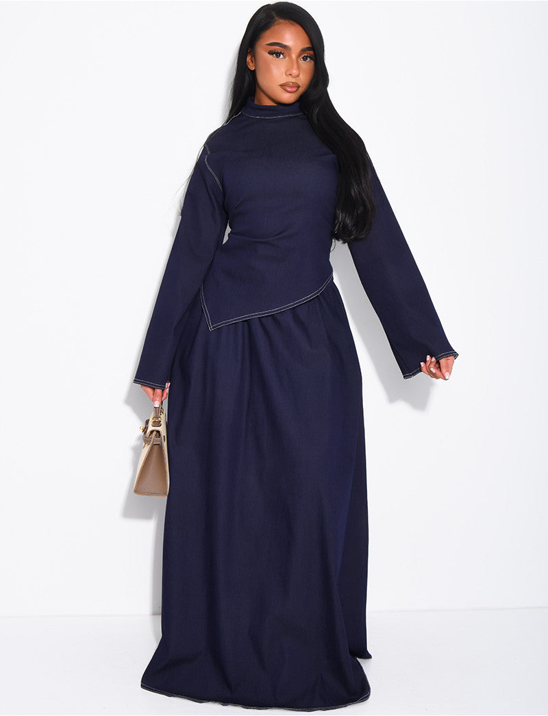 Ensemble en jeans jupe longue et top asymétrique ajusté