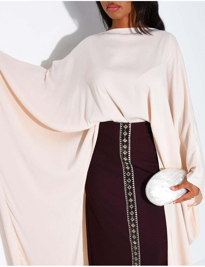 Ensemble jupe longue à sequins & perles et tunique asymétrique en satin