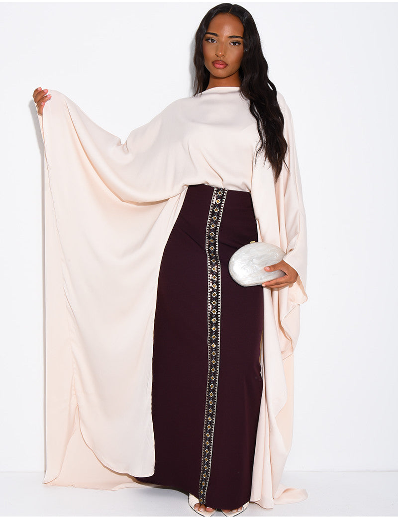 Ensemble jupe longue à sequins & perles et tunique asymétrique en satin