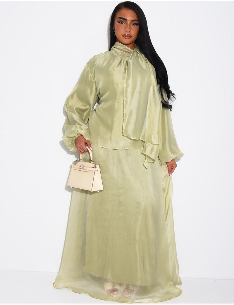 Ensemble jupe longue et top manches longues en organza doublé