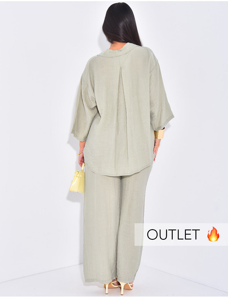 Ensemble pantalon droit et chemise manches 3/4 texturé