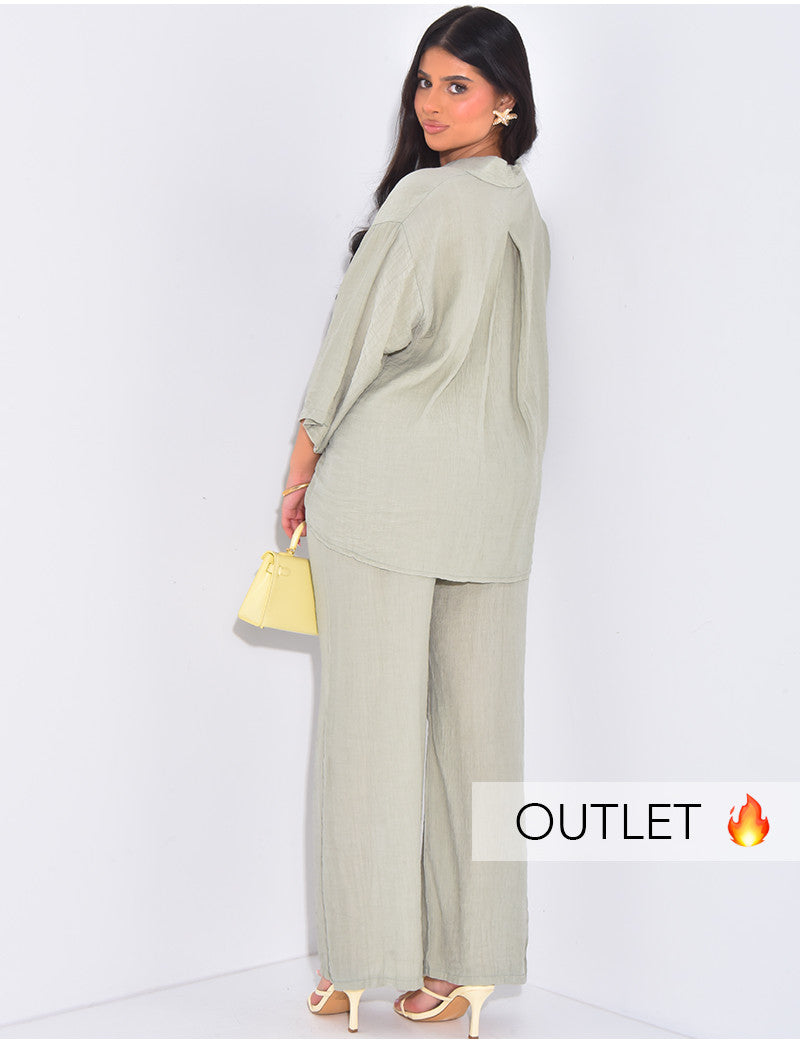 Ensemble pantalon droit et chemise manches 3/4 texturé