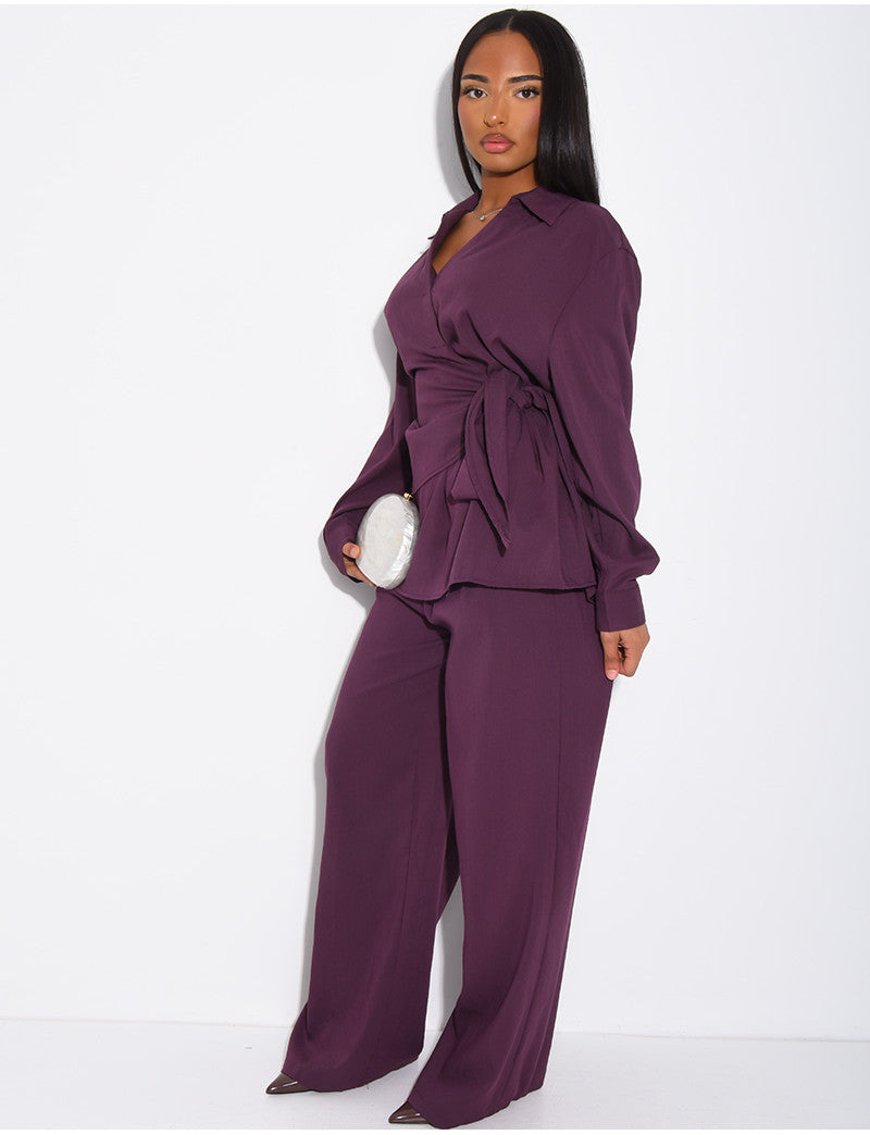 Ensemble blouse à nouer et pantalon droit effet lin