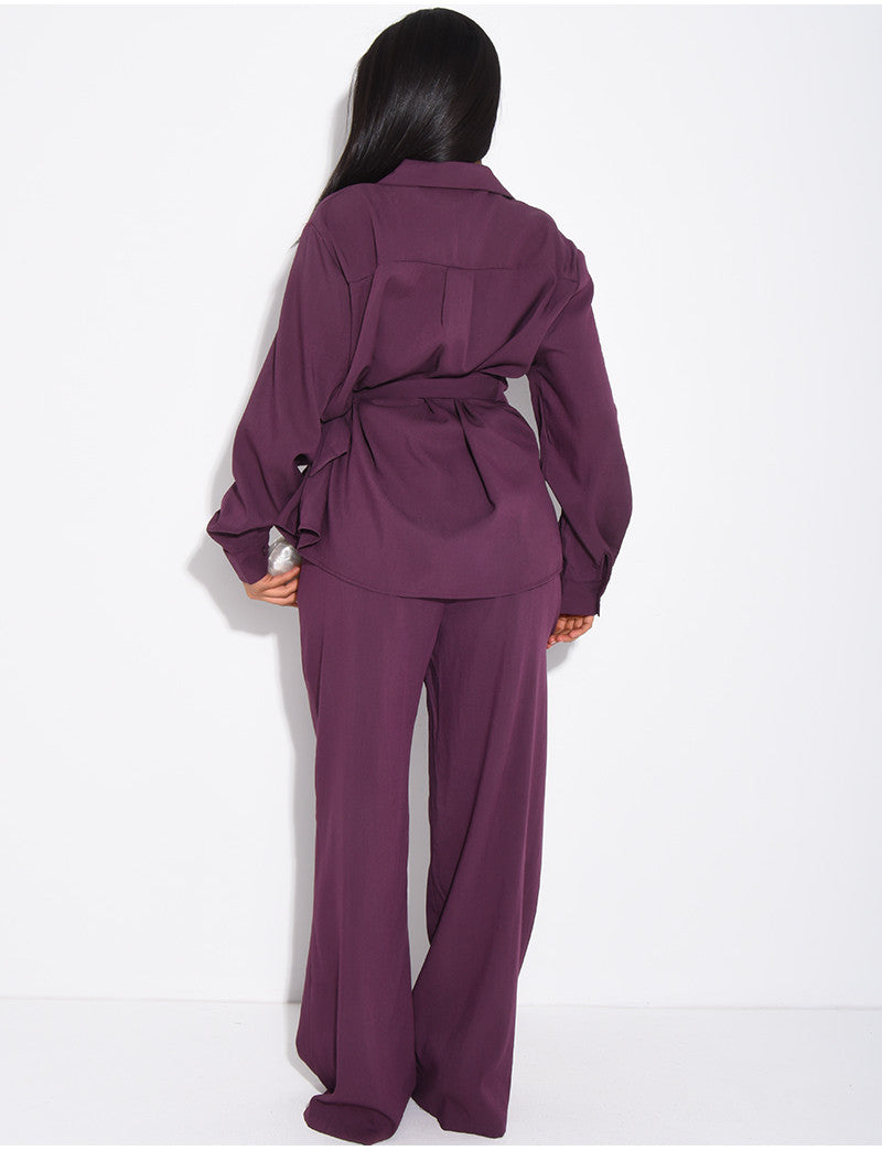 Ensemble blouse à nouer et pantalon droit effet lin
