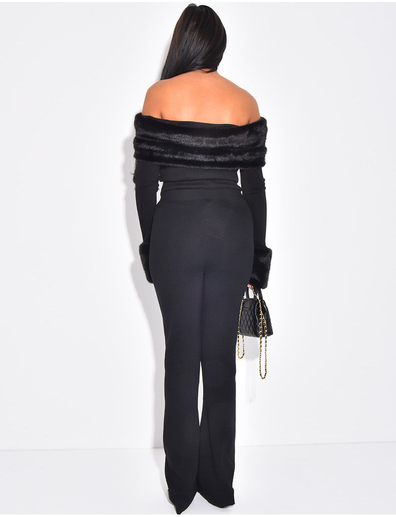 Ensemble pantalon et pull col bateau à fourrure