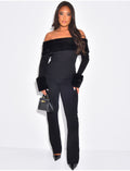 Ensemble pantalon et pull col bateau à fourrure