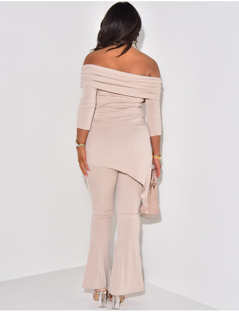 Ensemble texturé pantalon et top asymétrique col bateau