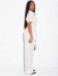 Ensemble en satin rayé pantalon et chemise manches courtes à bordures dentelle