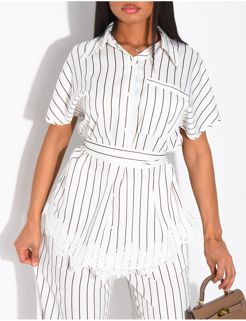 Ensemble en satin rayé pantalon et chemise manches courtes à bordures dentelle