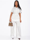 Ensemble en satin rayé pantalon et chemise manches courtes à bordures dentelle