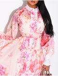 Robe longue en voile imprimé à fleurs & dentelle, boutons strass, ceinture et doublure assortie