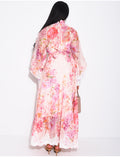 Robe longue en voile imprimé à fleurs & dentelle, boutons strass, ceinture et doublure assortie