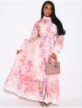 Robe longue en voile imprimé à fleurs & dentelle, boutons strass, ceinture et doublure assortie