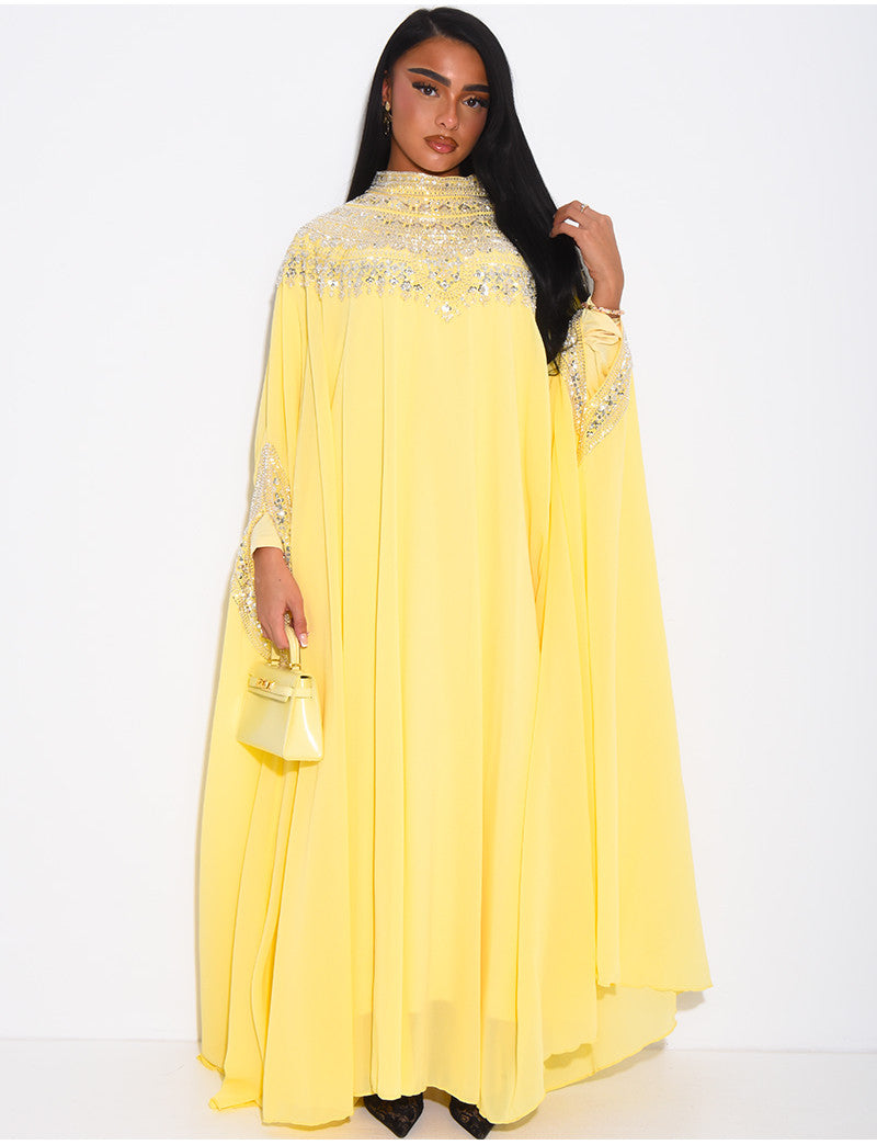 Abaya en mousseline ornée de strass & sequins et doublure assortie