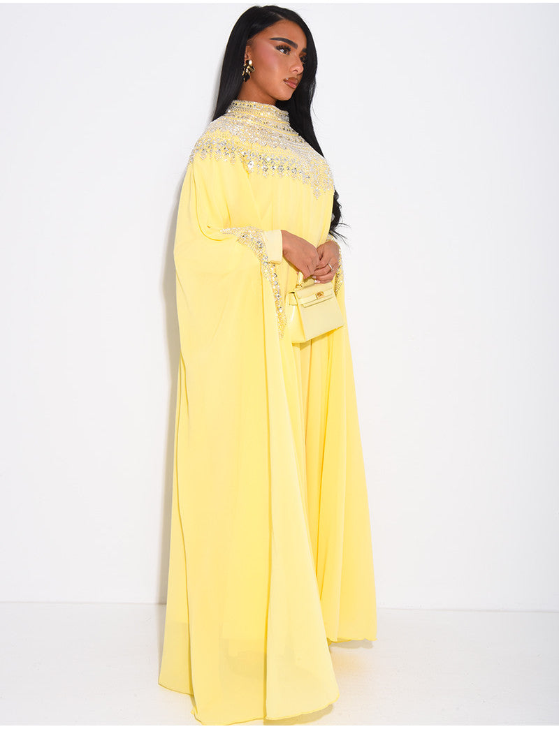 Abaya en mousseline ornée de strass & sequins et doublure assortie