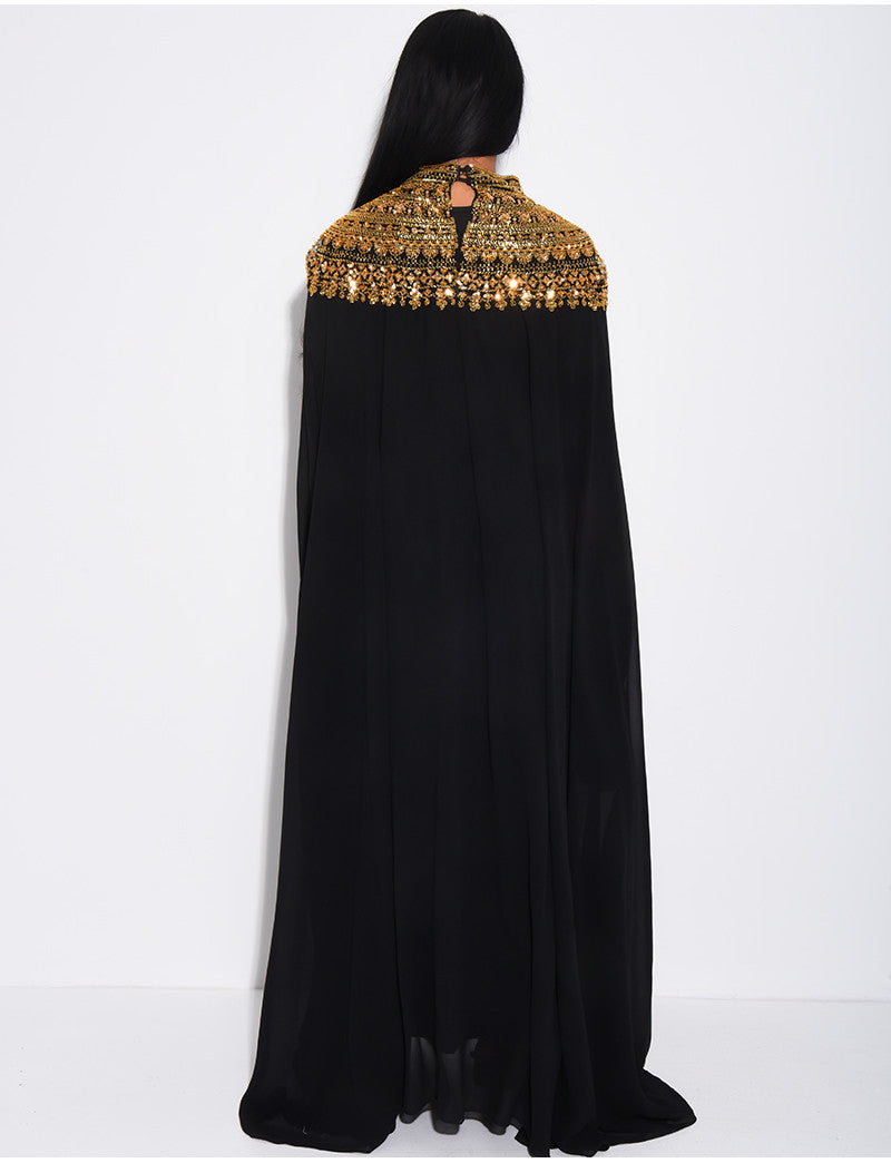 Abaya en mousseline ornée de strass & sequins et doublure assortie