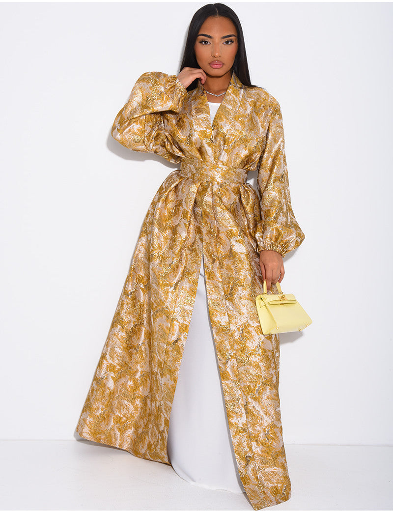 Ensemble kimono brocard ceinturé et sous robe manches longues