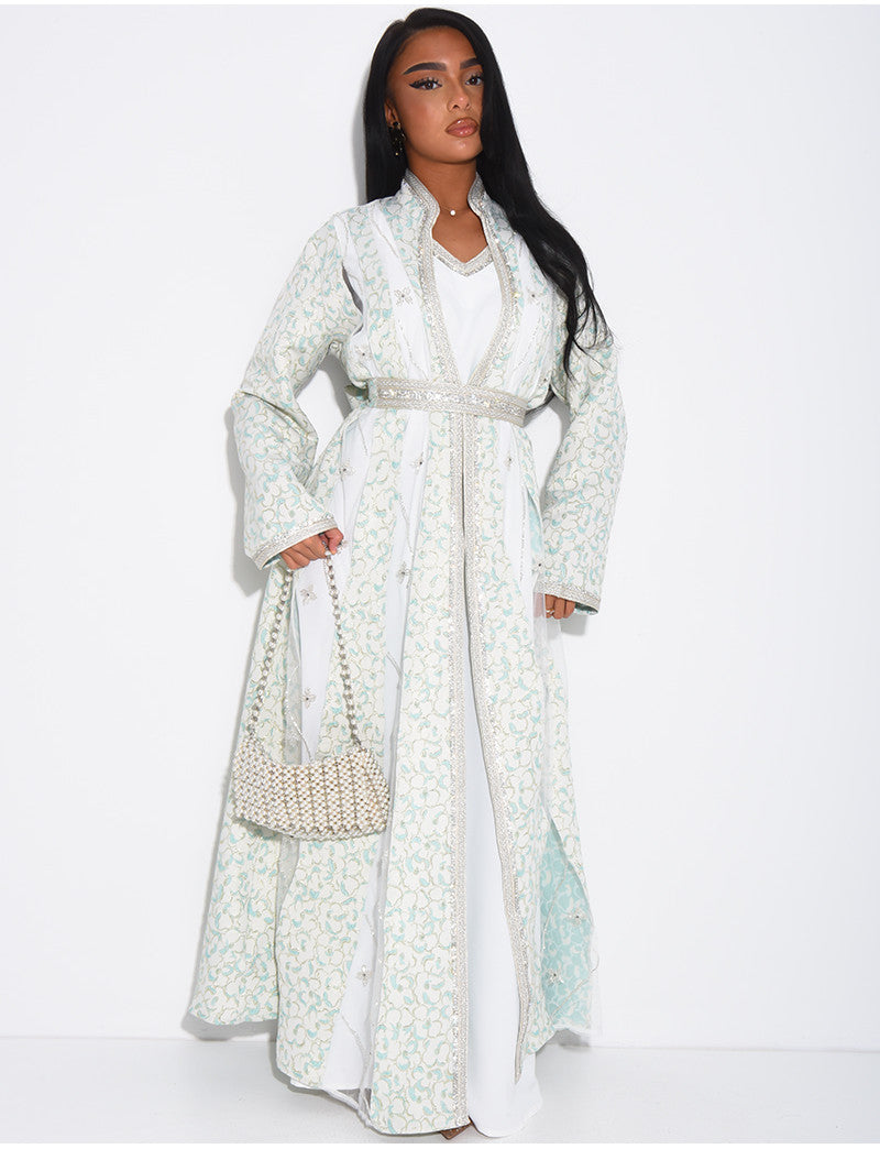 Ensemble robe style caftan à empiècements transparents & strass