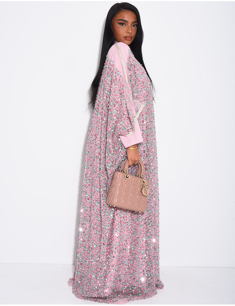 Abaya premium à perles et sequins brodés avec sa sous robe assortie