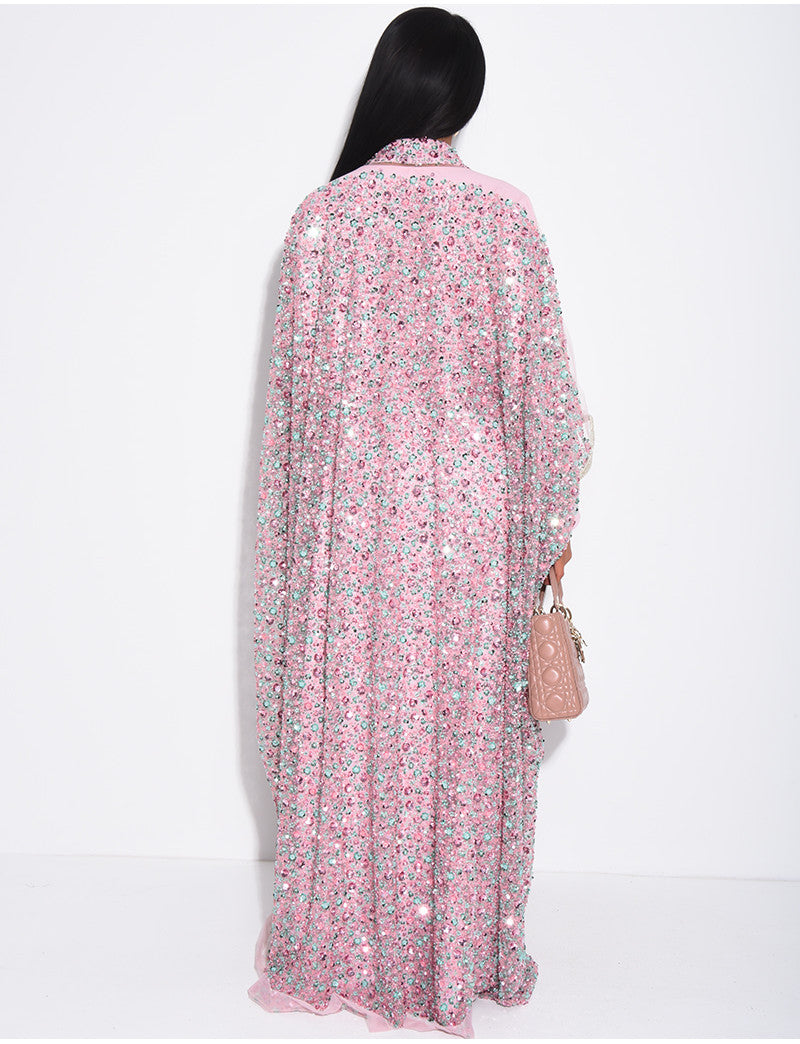 Abaya premium à perles et sequins brodés avec sa sous robe assortie