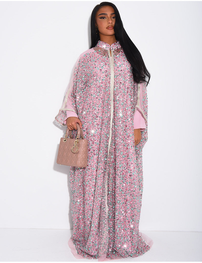Abaya premium à perles et sequins brodés avec sa sous robe assortie