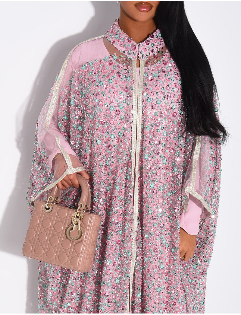 Abaya premium à perles et sequins brodés avec sa sous robe assortie