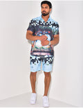 Ensemble short et chemise à motifs paysage