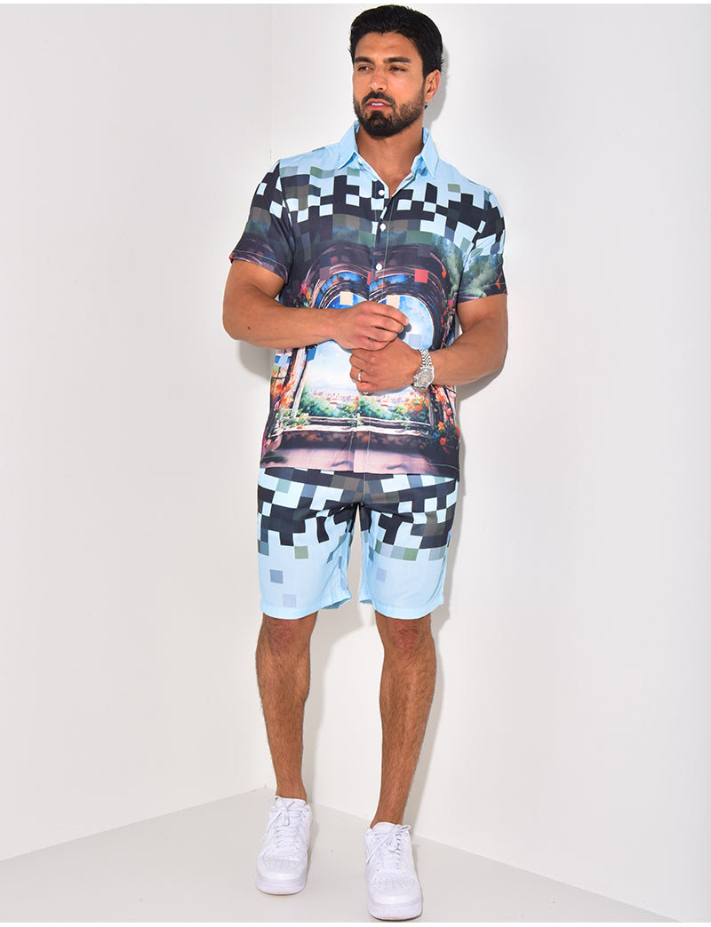 Ensemble short et chemise à motifs paysage