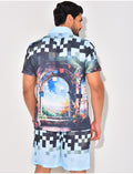 Ensemble short et chemise à motifs paysage