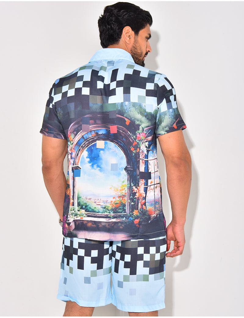 Ensemble short et chemise à motifs paysage