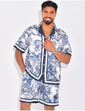 Ensemble short et chemise à motifs paysage