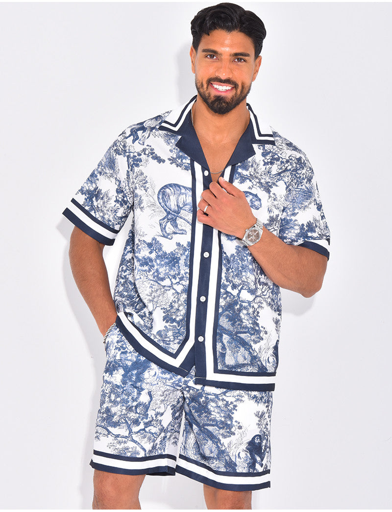 Ensemble short et chemise à motifs paysage