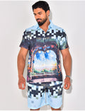 Ensemble short et chemise à motifs paysage