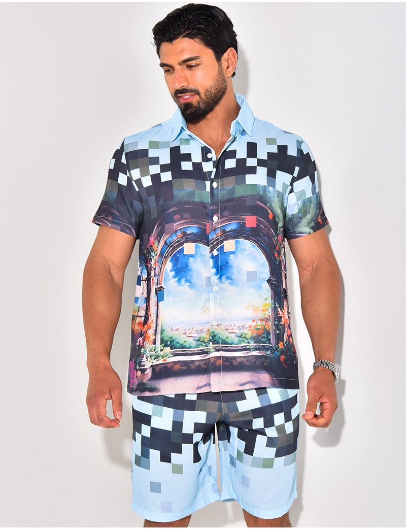 Ensemble short et chemise à motifs paysage