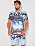 Ensemble short et chemise à motifs paysage