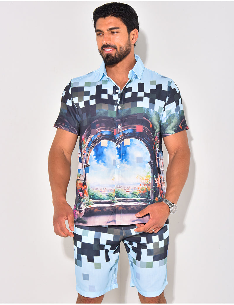 Ensemble short et chemise à motifs paysage
