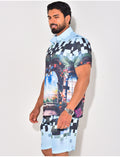 Ensemble short et chemise à motifs paysage