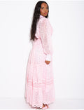 Robe longue en voile à pois et broderies avec doublure assortie