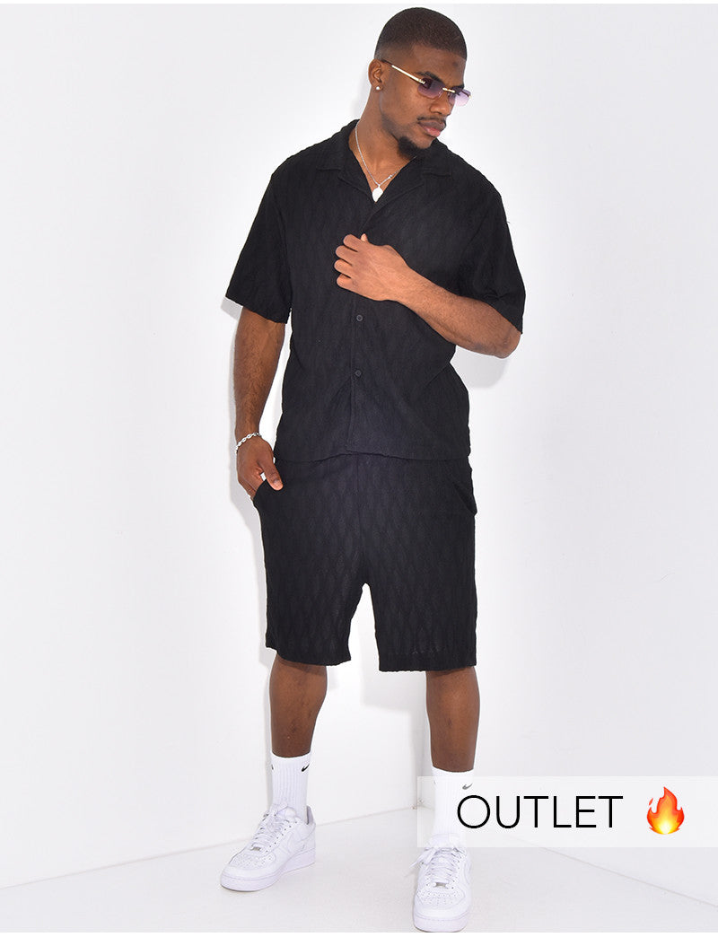 Ensemble texturé short et chemise manches à motifs vague en relief