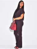 Ensemble gilet en maille côtelée et pantalon taille haute côtelé