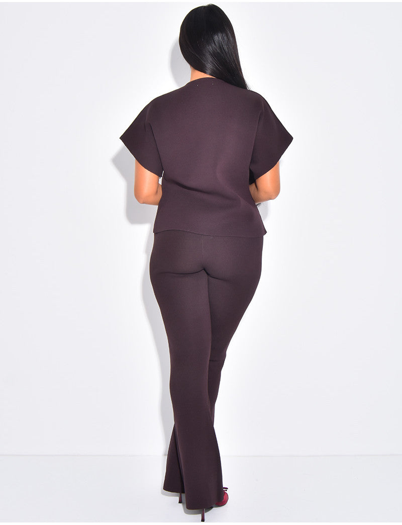 Ensemble gilet en maille côtelée et pantalon taille haute côtelé