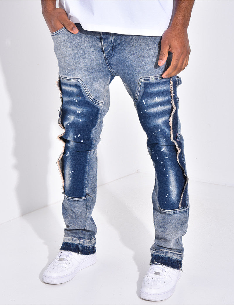 Jeans à empiècements contrastants et tâches de peinture
