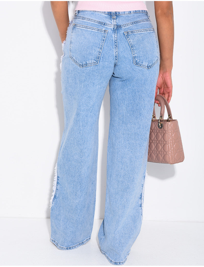 Jeans coupe large taille moyenne à coutures effilochées